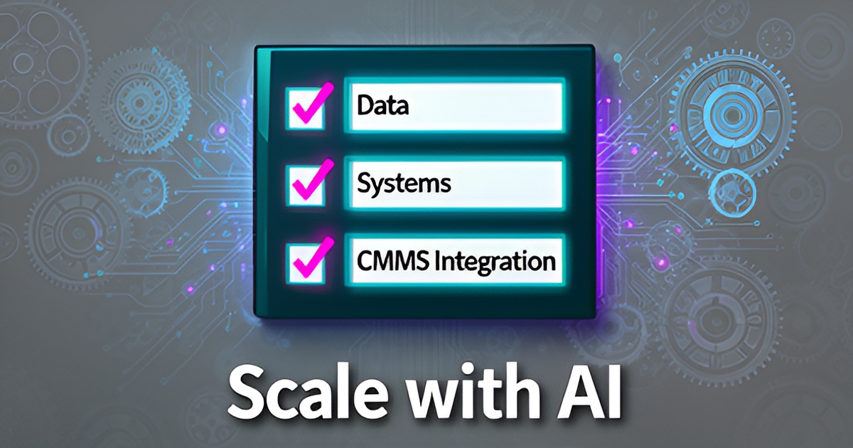 An illustration of a checklist for integration readiness in predictive maintenance AI, with gears and circuits in the background.